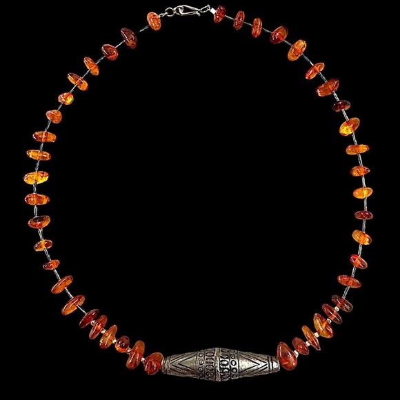 Baltic Amber Jewelry - Vintage Baltic Amber Barrel Bead Southwestern Necklace